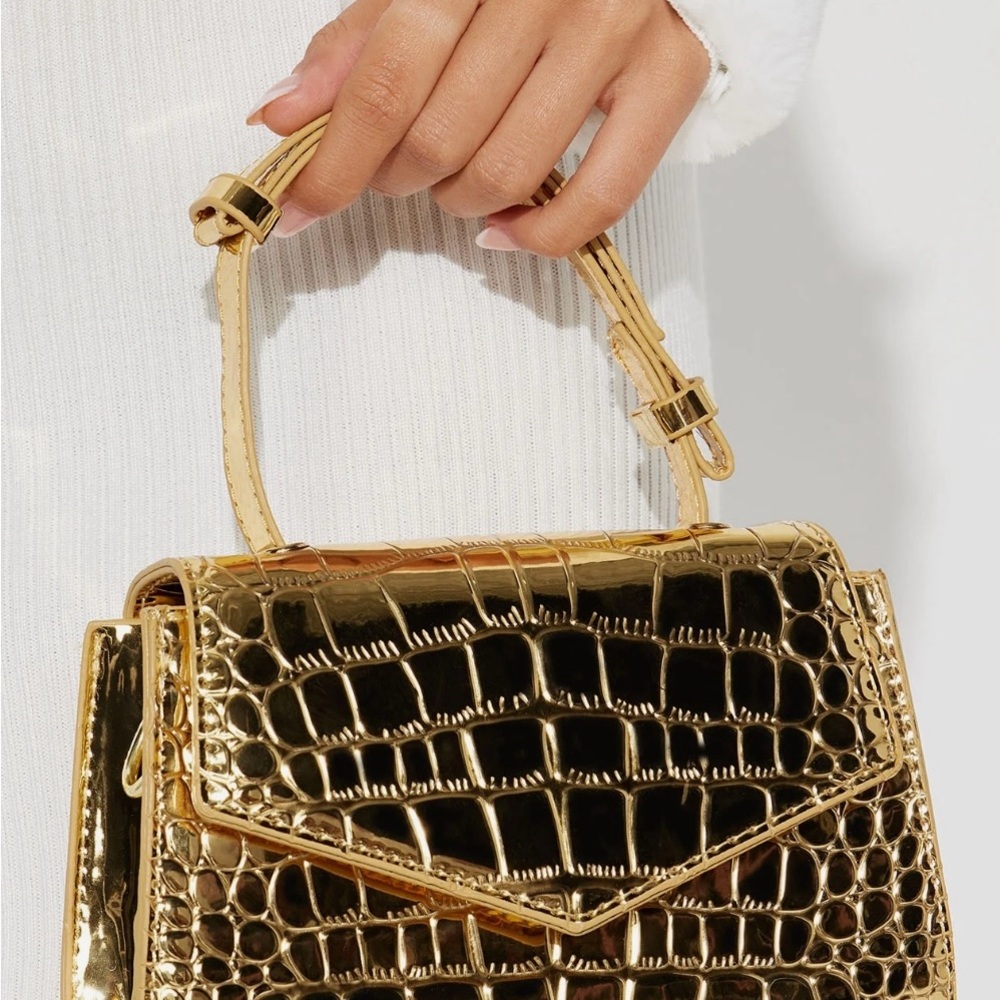 Gold Mini Bag with Crocodile Embossed Texture